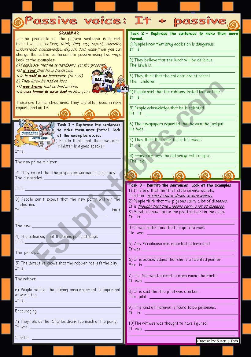 Passive voice: It + passive *** grammar explanation *** 3 tasks *** with key *** B&W *** fully editable