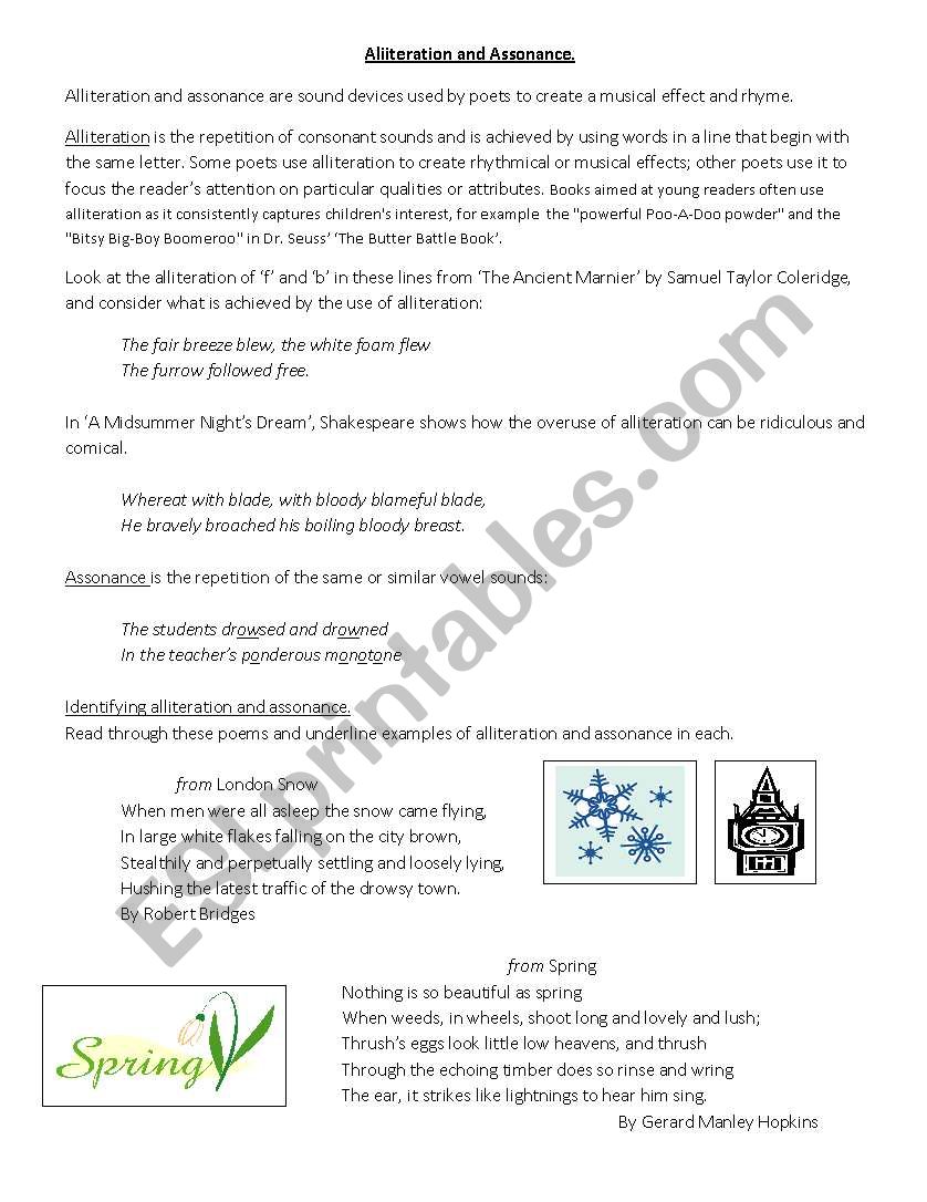 Assonance and alliteration  worksheet
