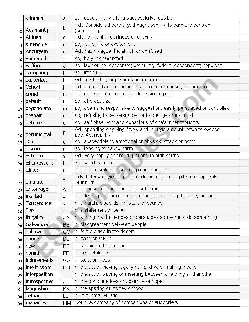 GIFTED HANDS VOCABULARY worksheet