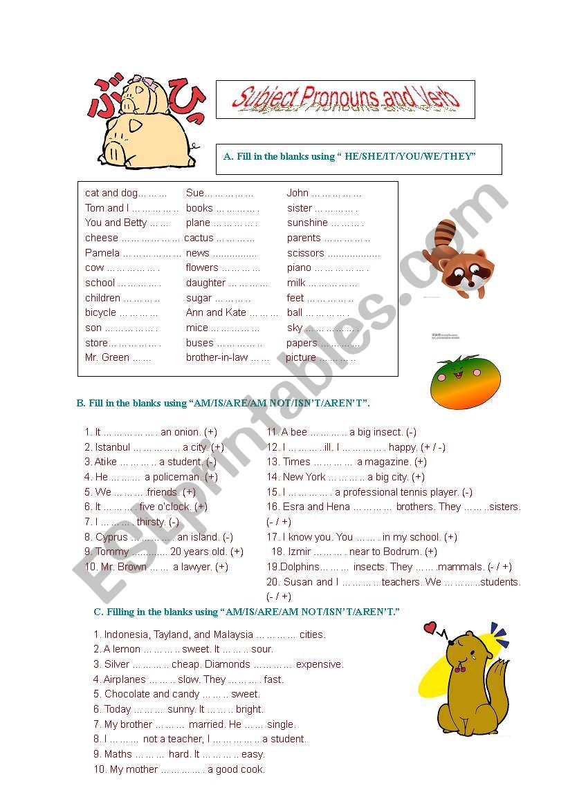 Subject Pronouns and verb worksheet