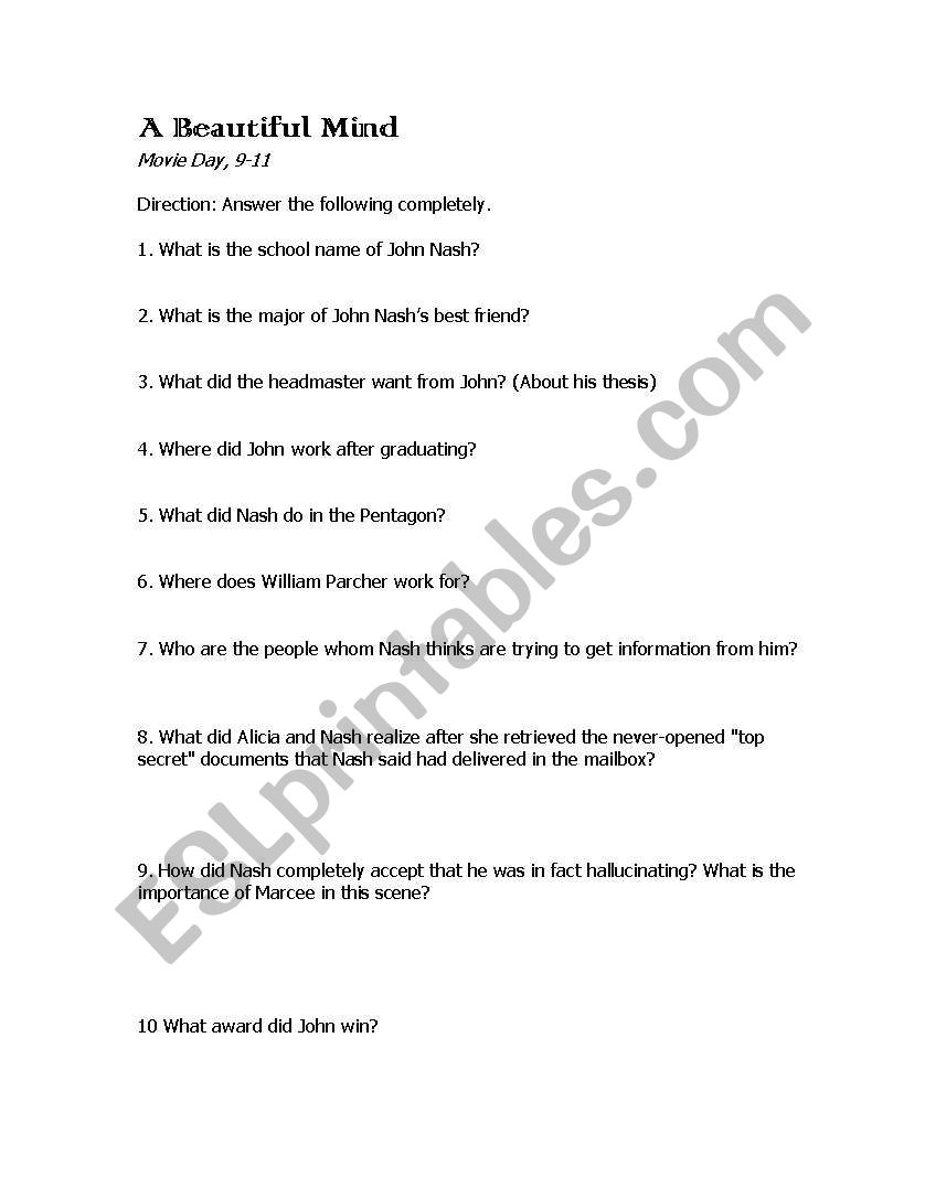 A Beautiful Mind worksheet