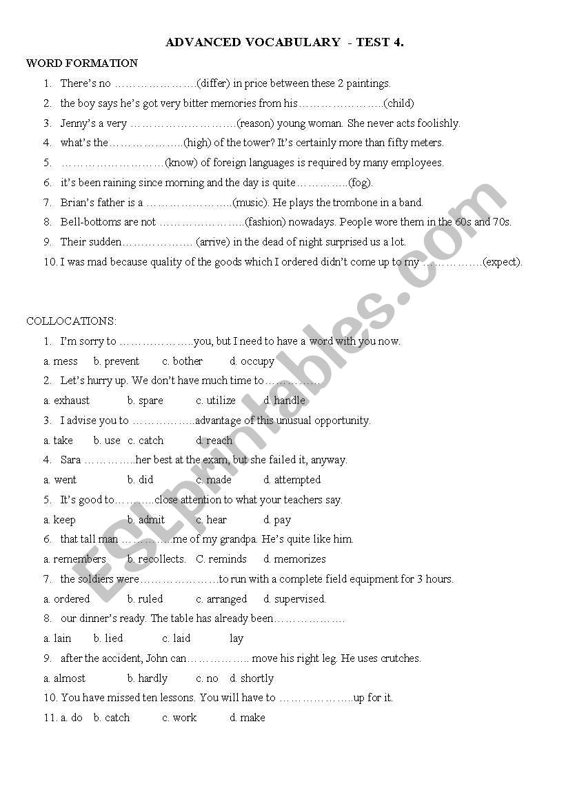 Advanced vocabulary test 4 worksheet