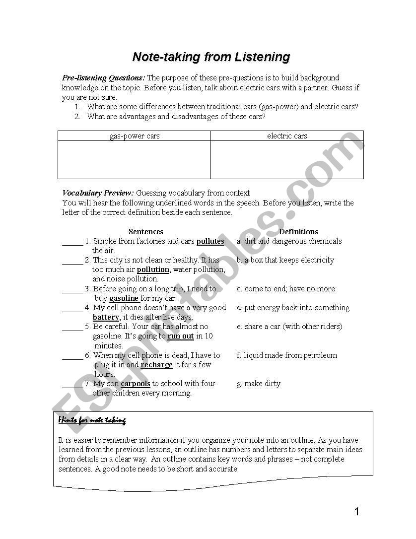 Note-taking (Listening) worksheet