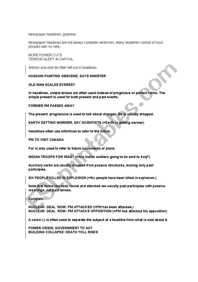 Headlines worksheet