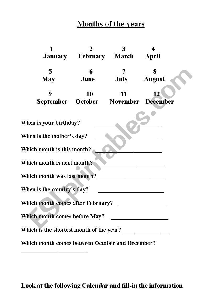 MONTHS OF THE YEAR worksheet