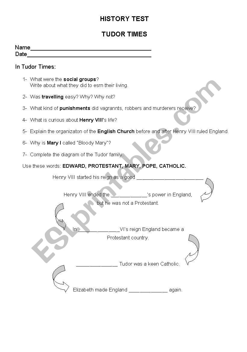 Tudor Times History Test worksheet