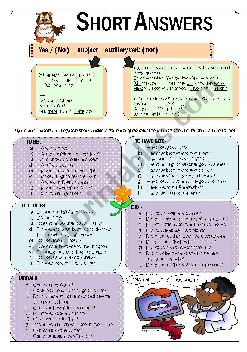 NICE SHORT ANSWERS EXPLANATION & PRACTICE WS +BW + KEY (fully editable)