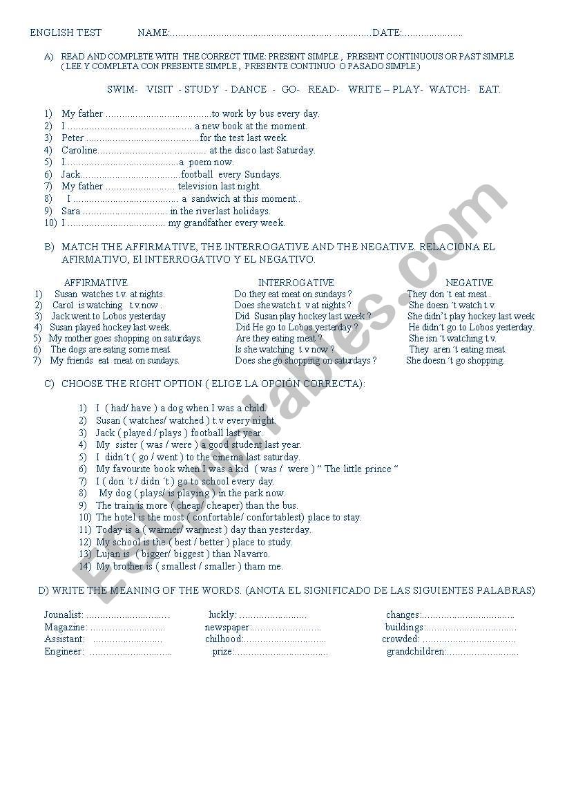 TEST  worksheet