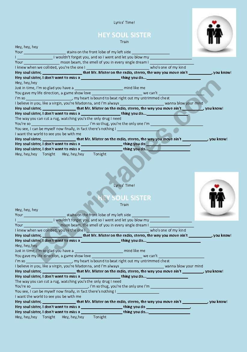 Hey Soul Sister Song worksheet