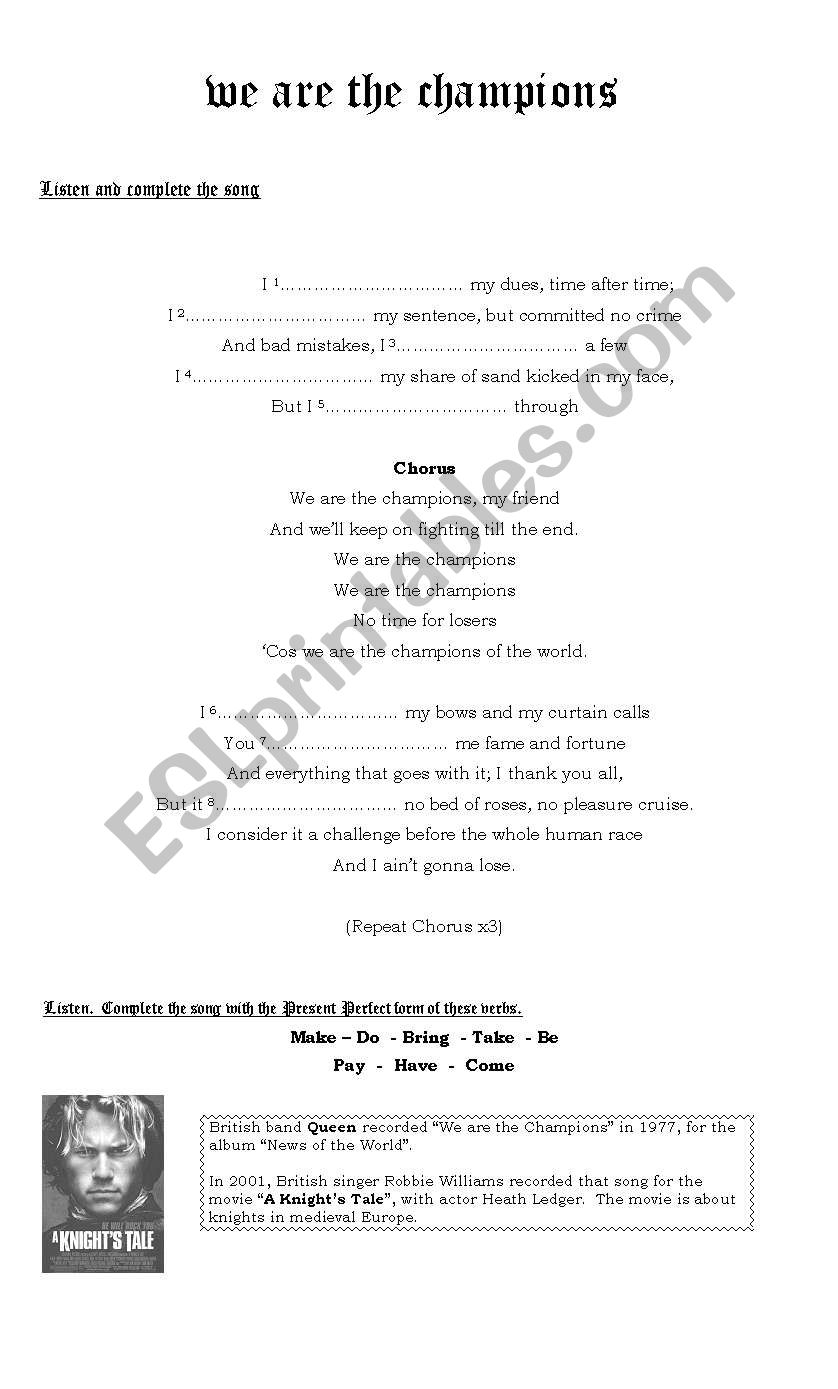 WE ARE THE CHAMPIONS worksheet