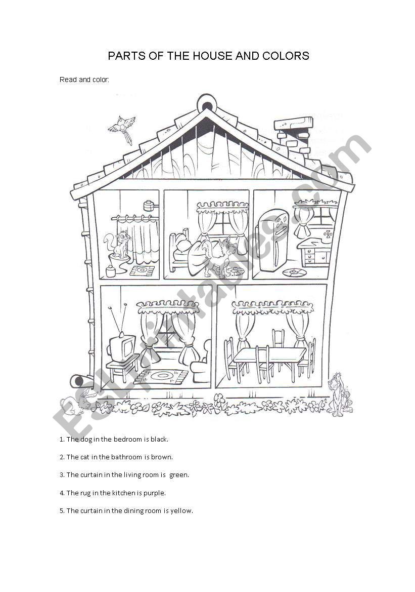 PARTS OF THE HOUSE AND COLORS worksheet