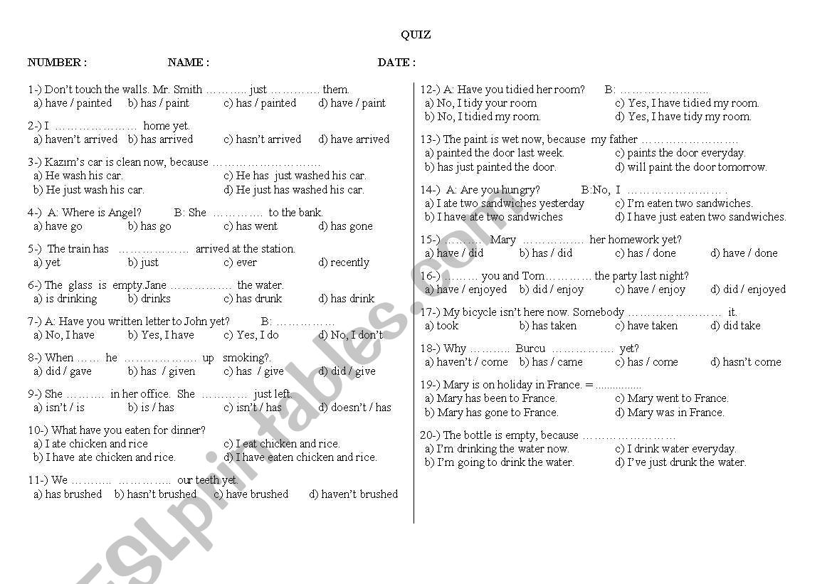 quiz about present perfect tense