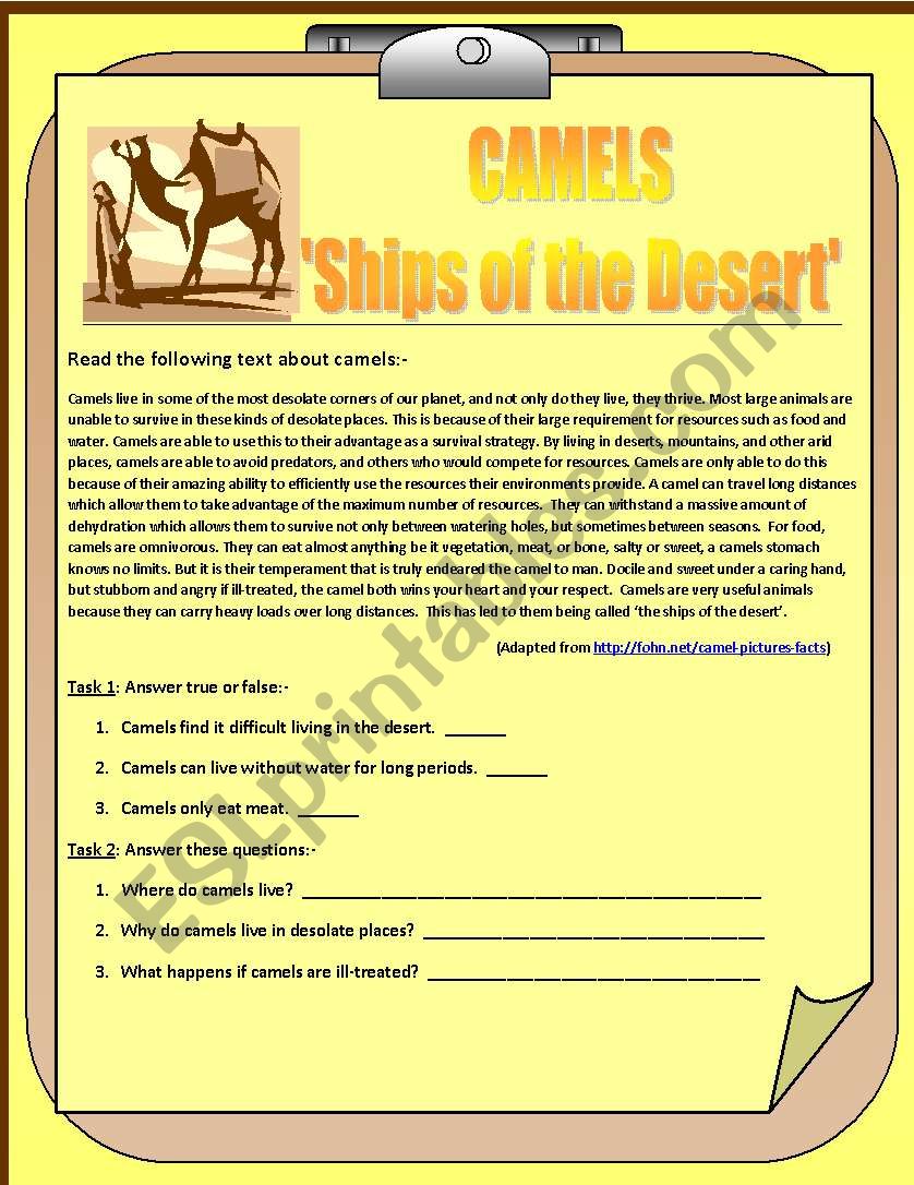 Camels - Ships of the Desert: A Reading Comprehension