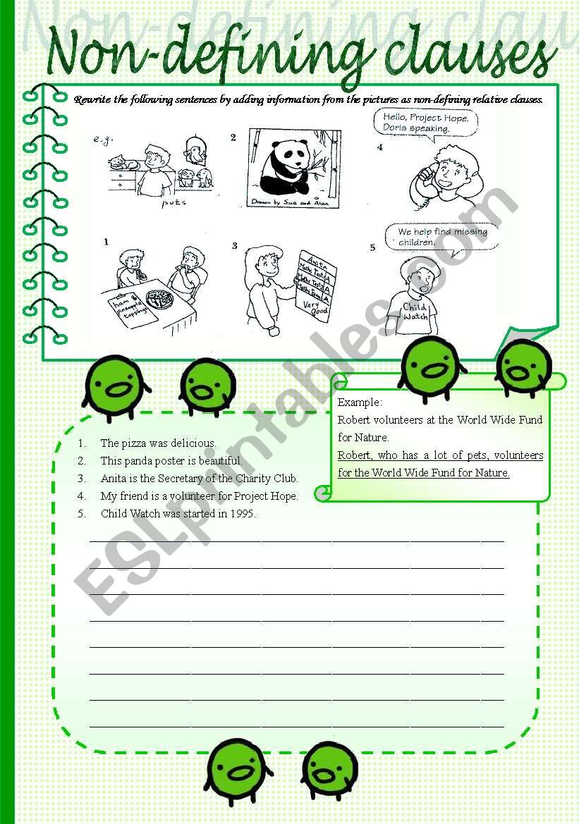 Combine information from pictures with given sentences to form sentences with non-defining clauses. 