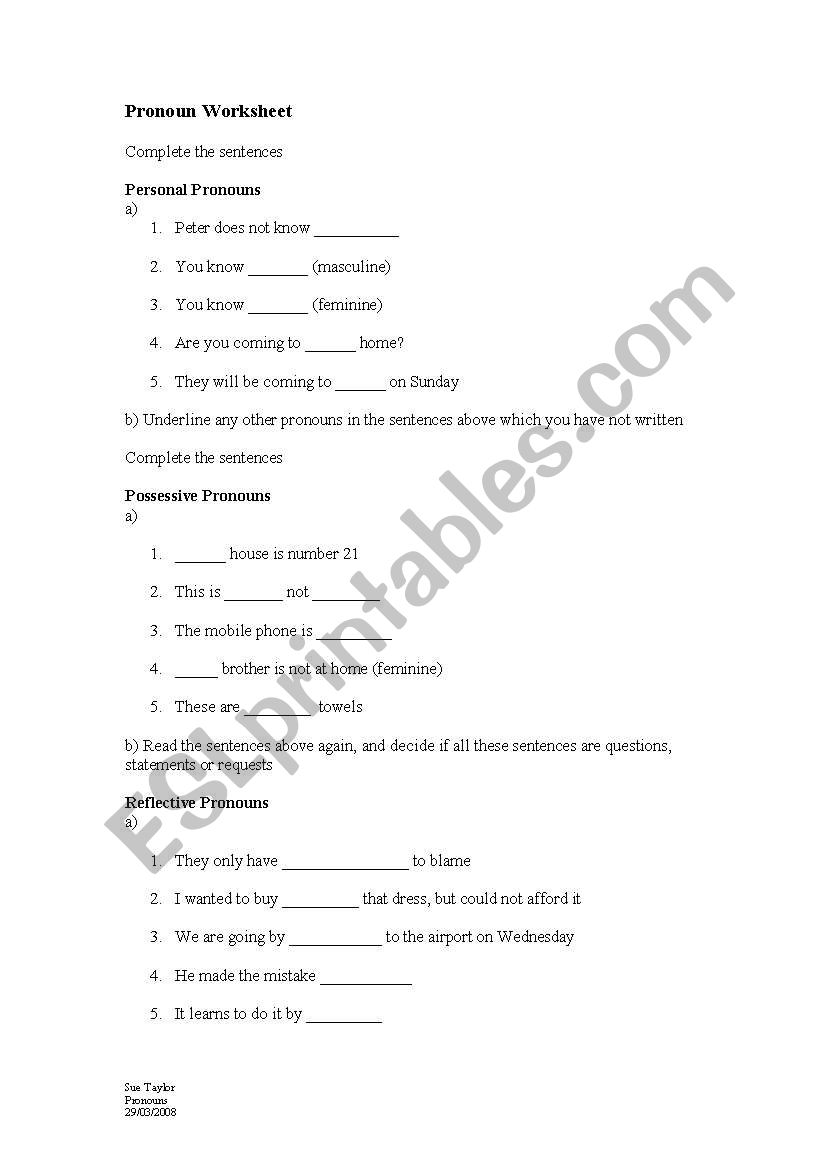 Personal, Possessive, Reflective, Relative Pronouns