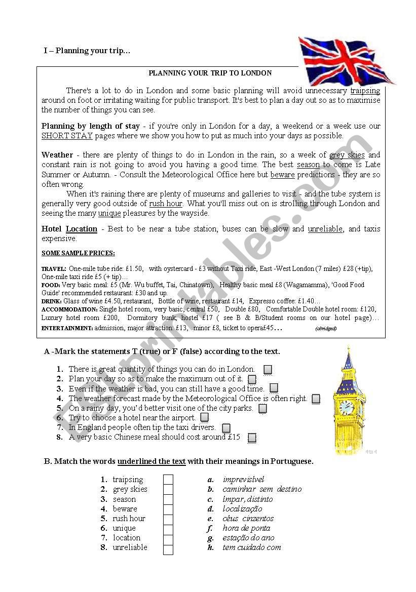 planning a trip to London worksheet