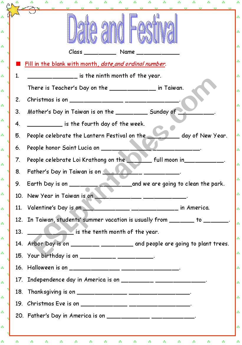 Date and Festival worksheet