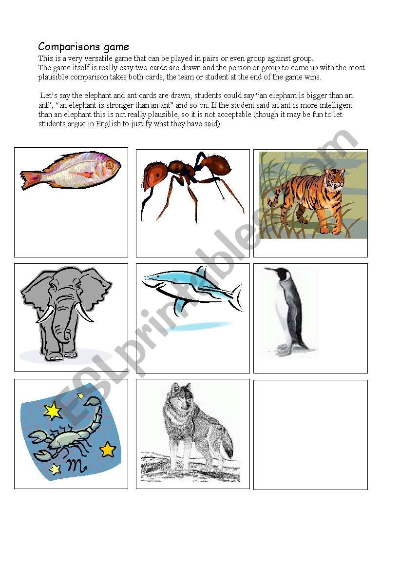 fun comparitive game worksheet