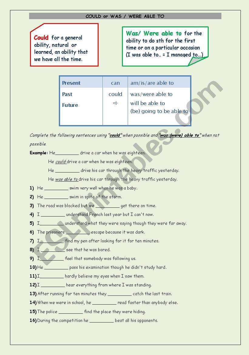 could-was were able to worksheet