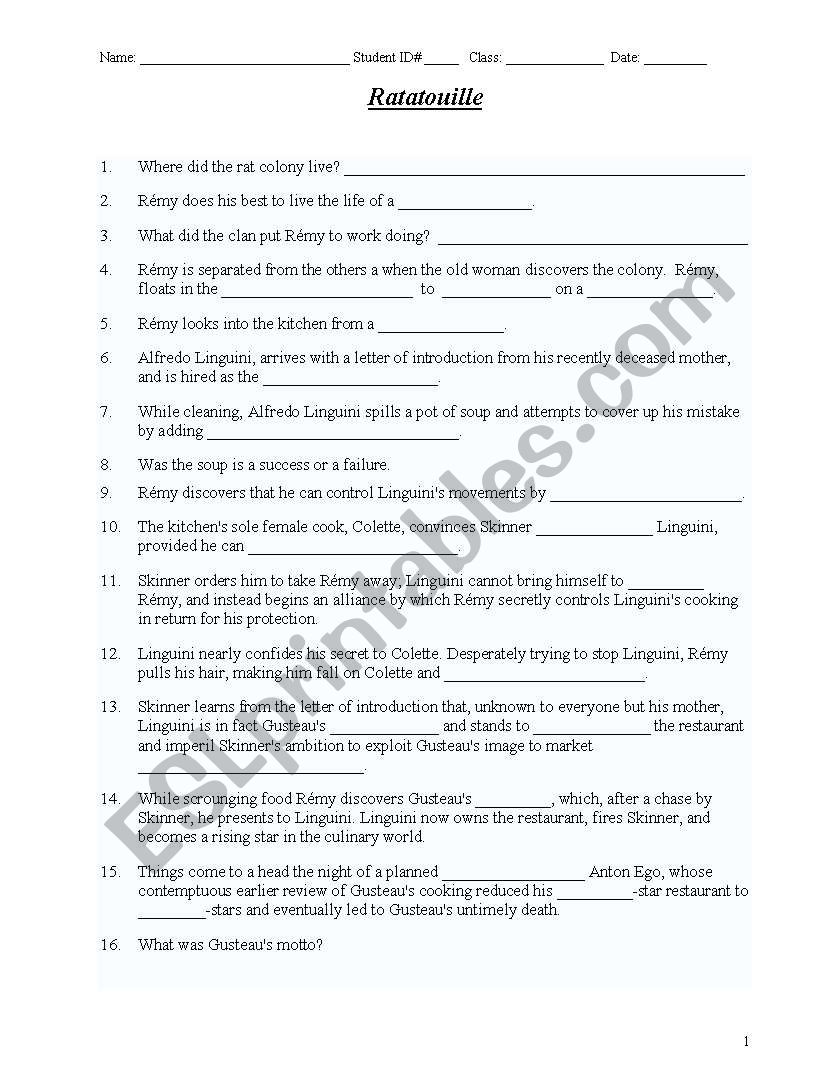 Ratatouille worksheet worksheet