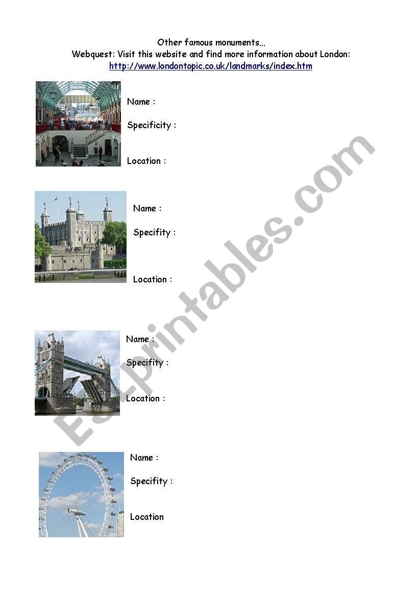 London: famous monuments worksheet