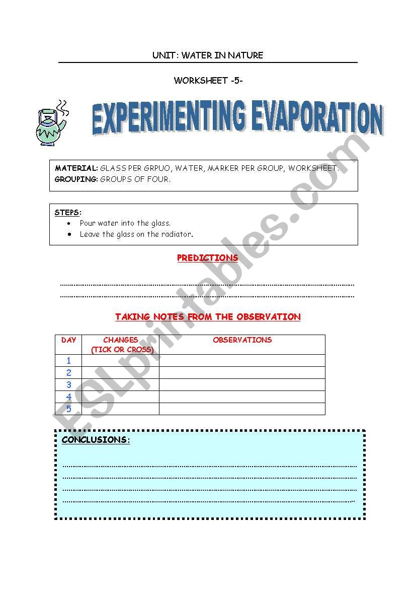 Experimenting evaporation worksheet