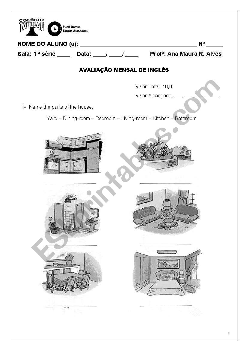 places of the house worksheet