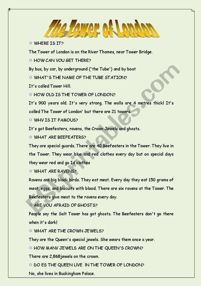 The Tower of London worksheet