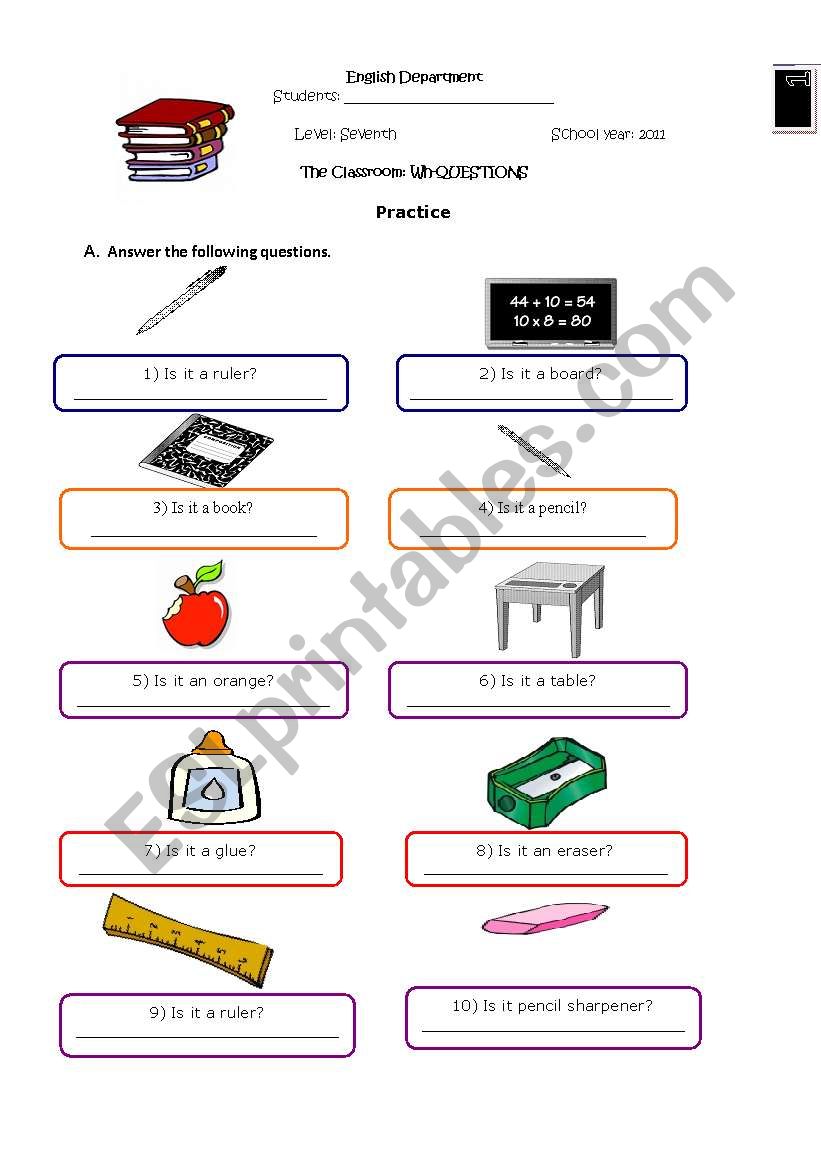 Topic: school Objects, Sts will practice Yes / No questions as well write questions in singular and plural ones. Hope you like it!!!  (Full editable) 