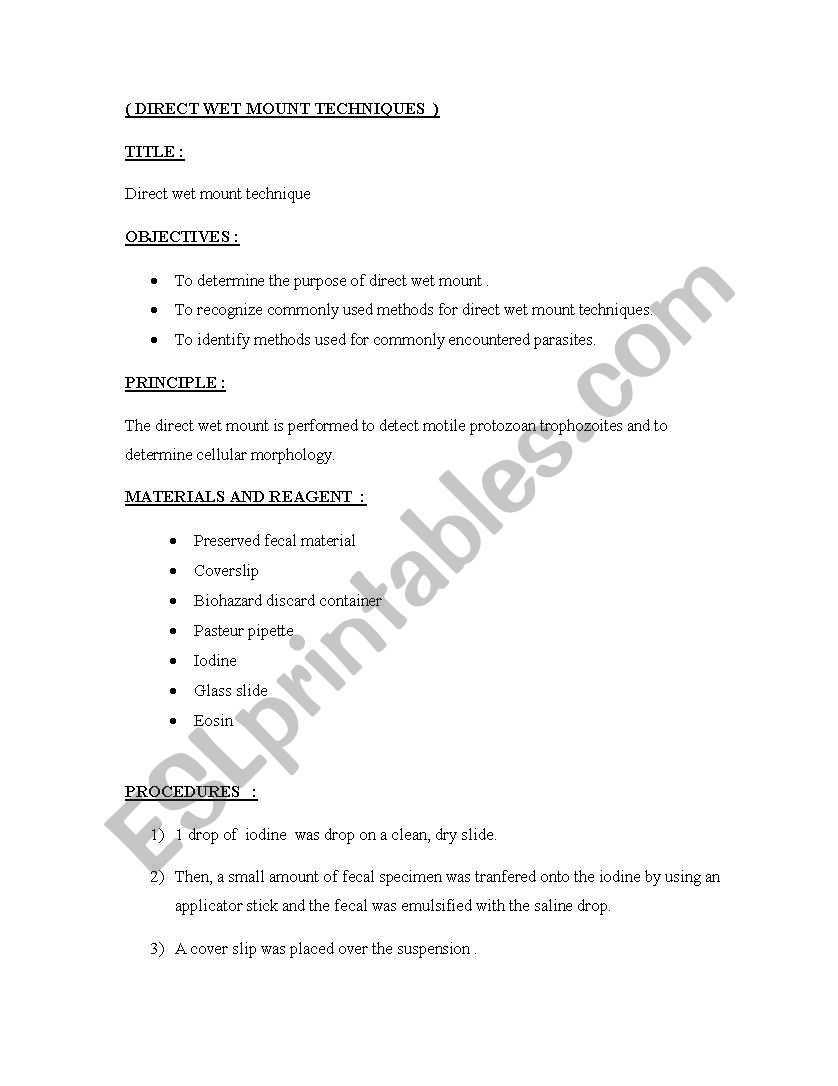 direct wet mount worksheet