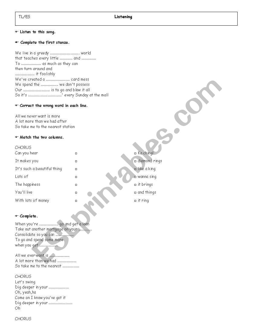Ka Ching listening activity worksheet