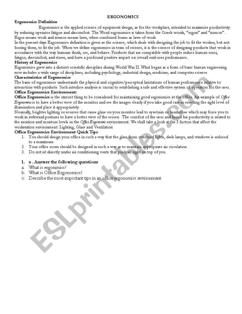 Ergonomics worksheet