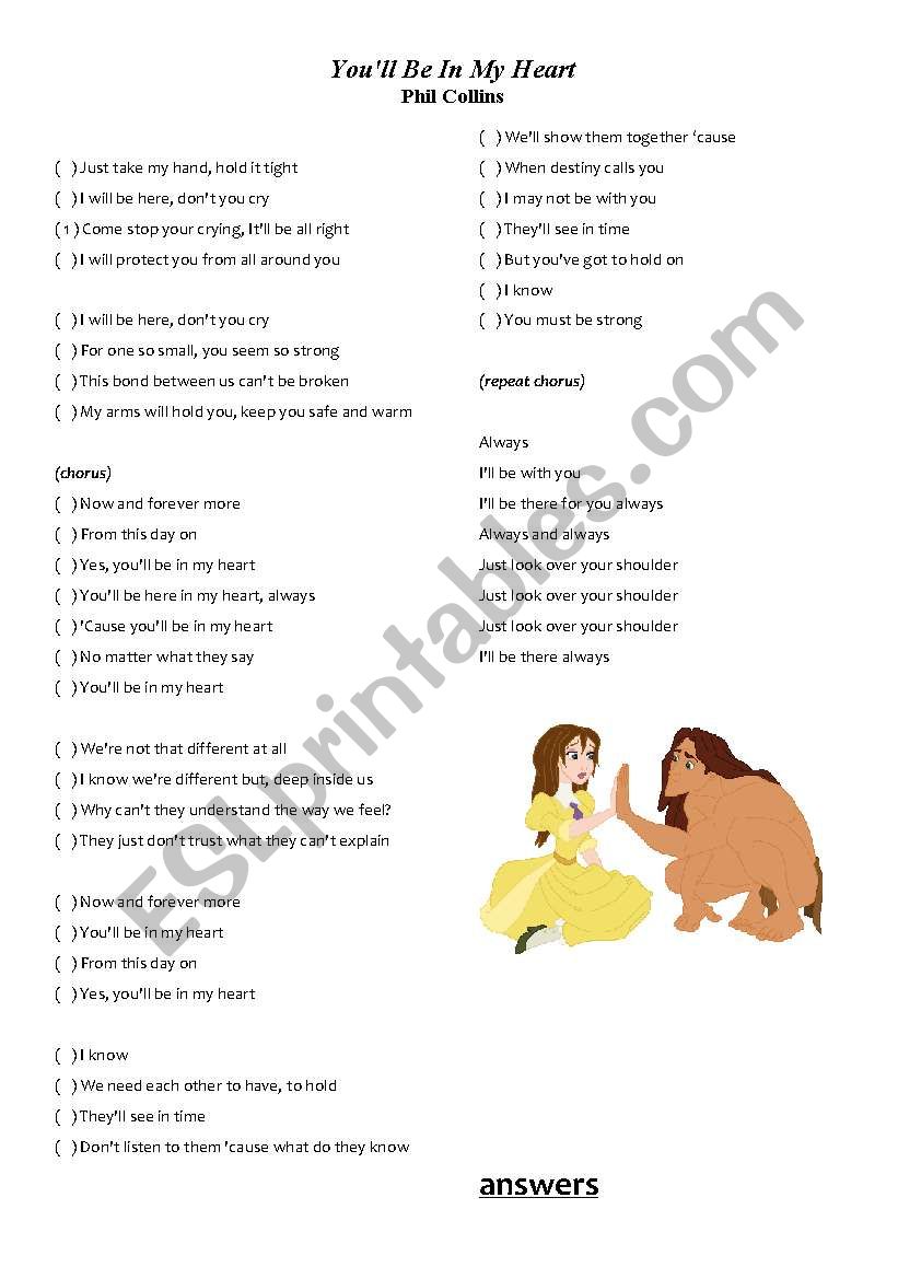 Phil Collins You Ll Be In My Heart Tarzan Movie Esl Worksheet By Anabee 0 Phil Collins You Ll Be In My Heart Tarzan Movie Esl Worksheet By Anabee 0