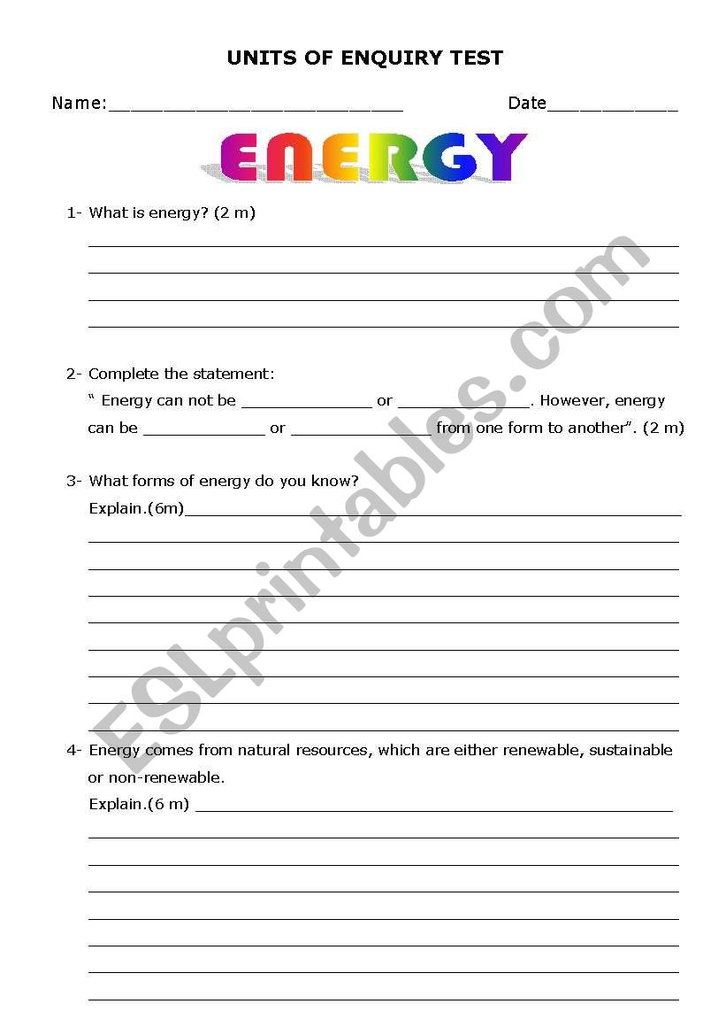 ENERGY TEST worksheet