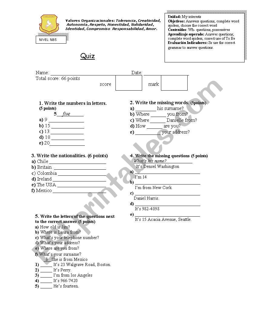 Wh- questions, possessives  worksheet