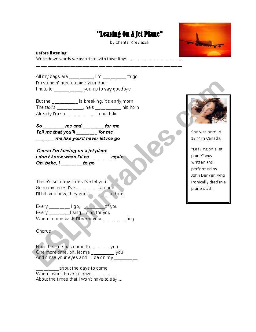 song Leaving on a jet plane worksheet