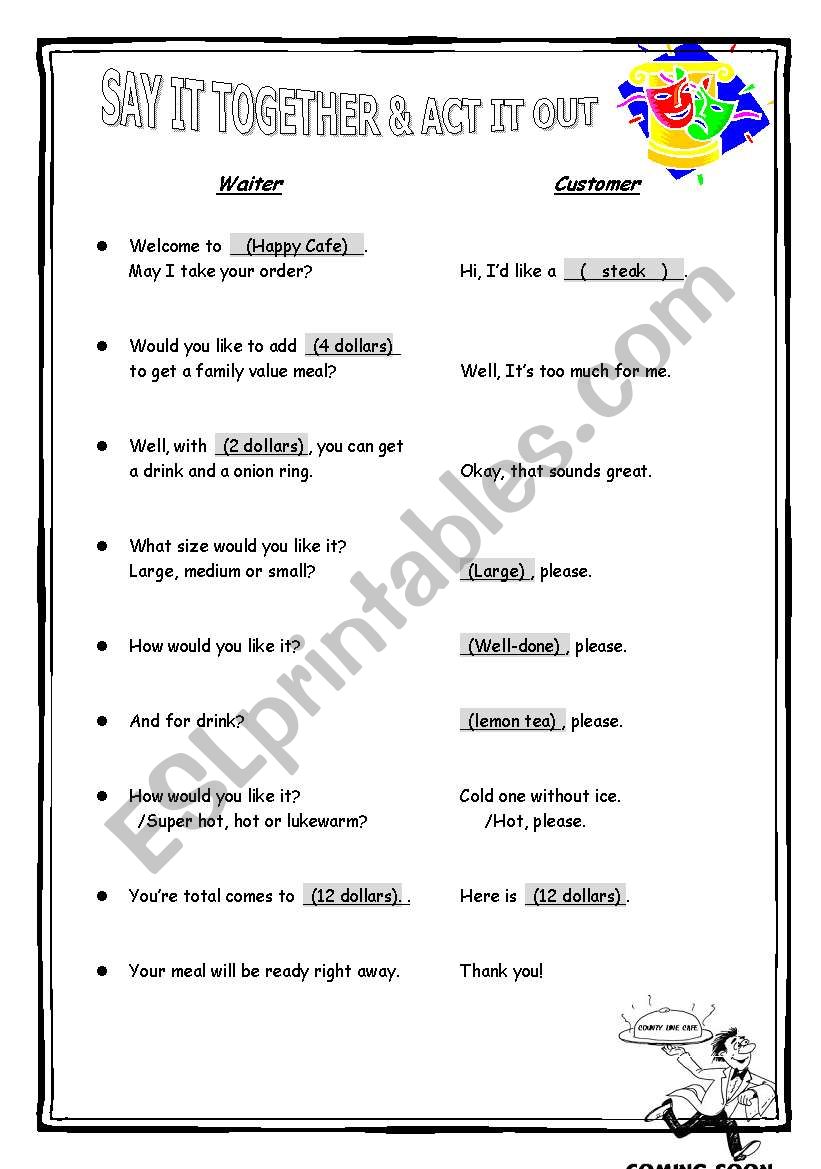 Act it out - ordering food worksheet