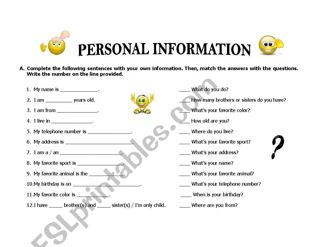 PERSONAL INFORMATION worksheet