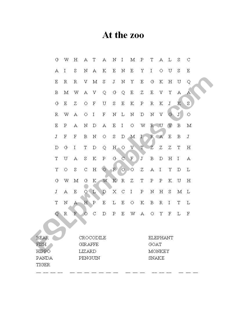 Zoo animals wordsearch worksheet