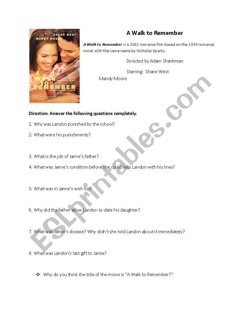 A Walk to Remember worksheet