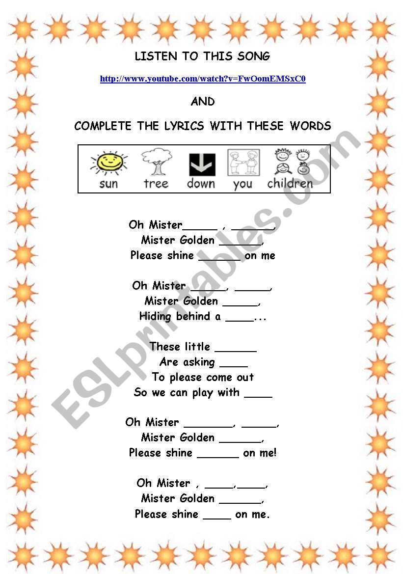 Song: Mr Sun worksheet