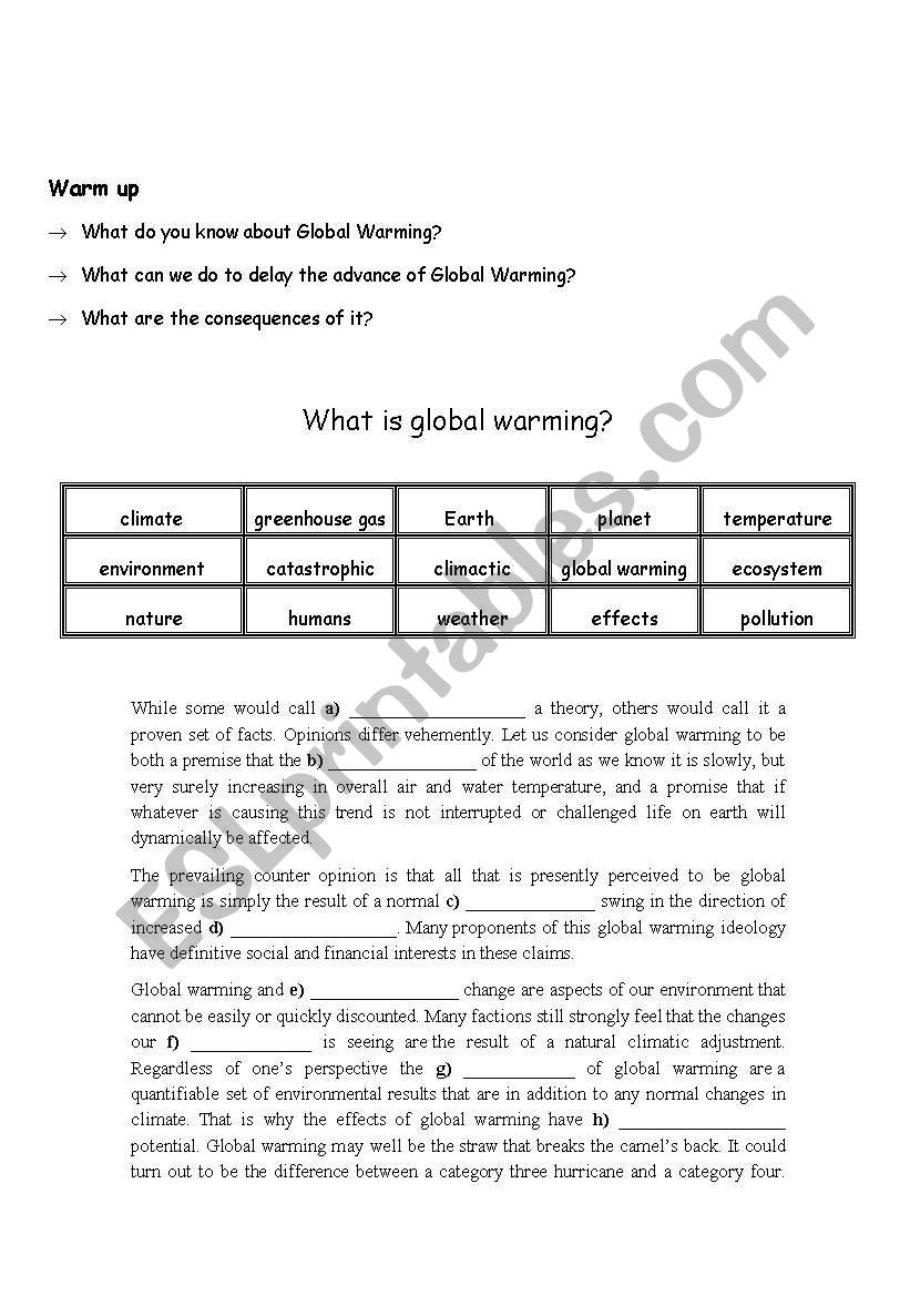 Global Warming worksheet