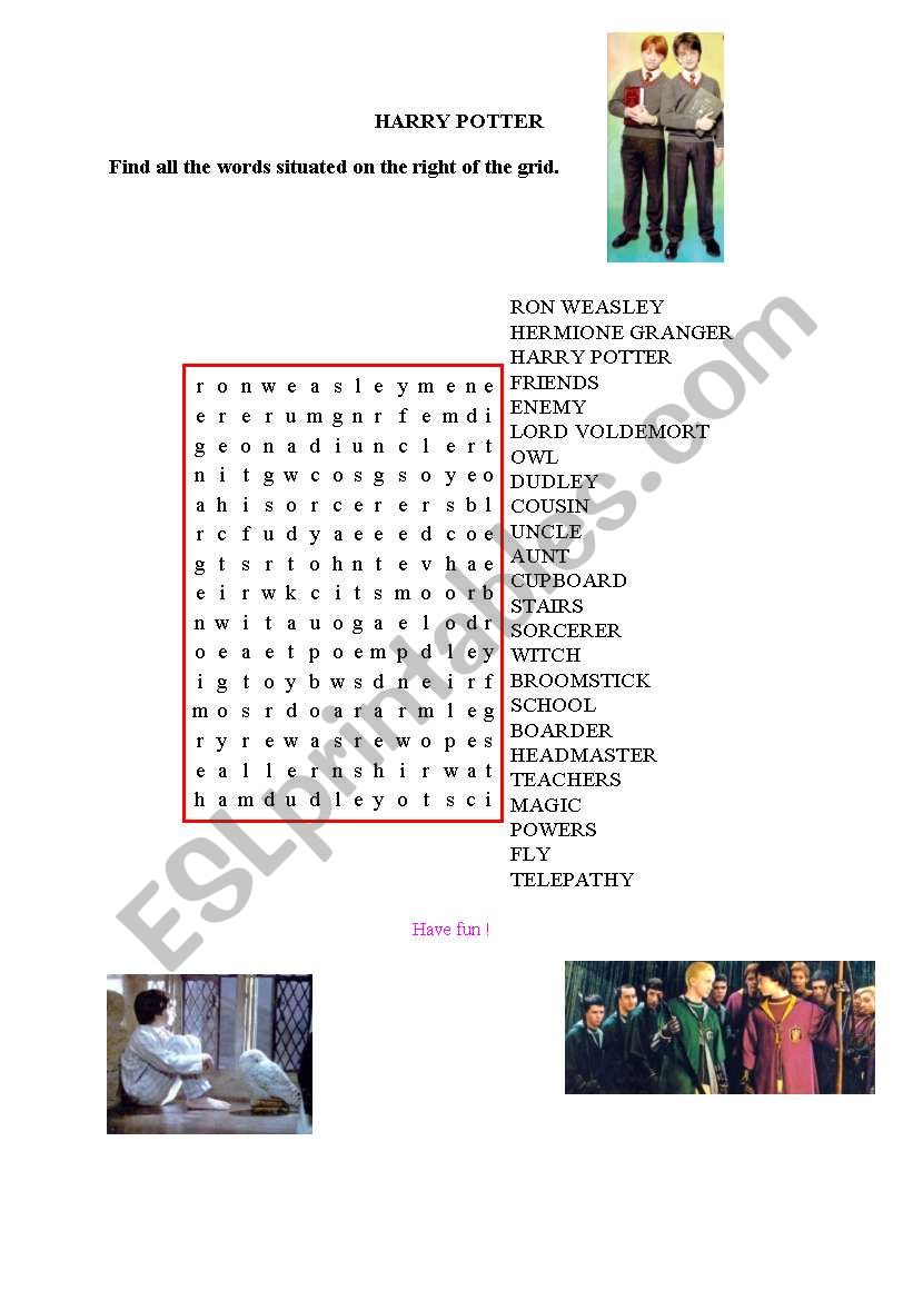 Harry Potter word search worksheet