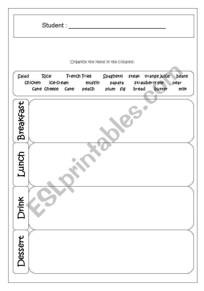 Food items and meals worksheet