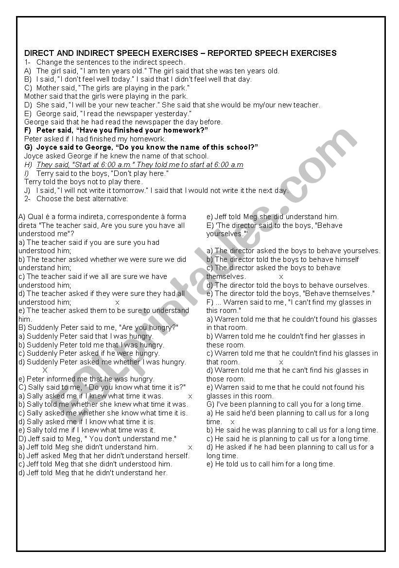 DIRECT AND INDIRECT SPEECH WRITTEN AND MULTIMPLE CHOICE EXERCISES WITH ANSWERS.