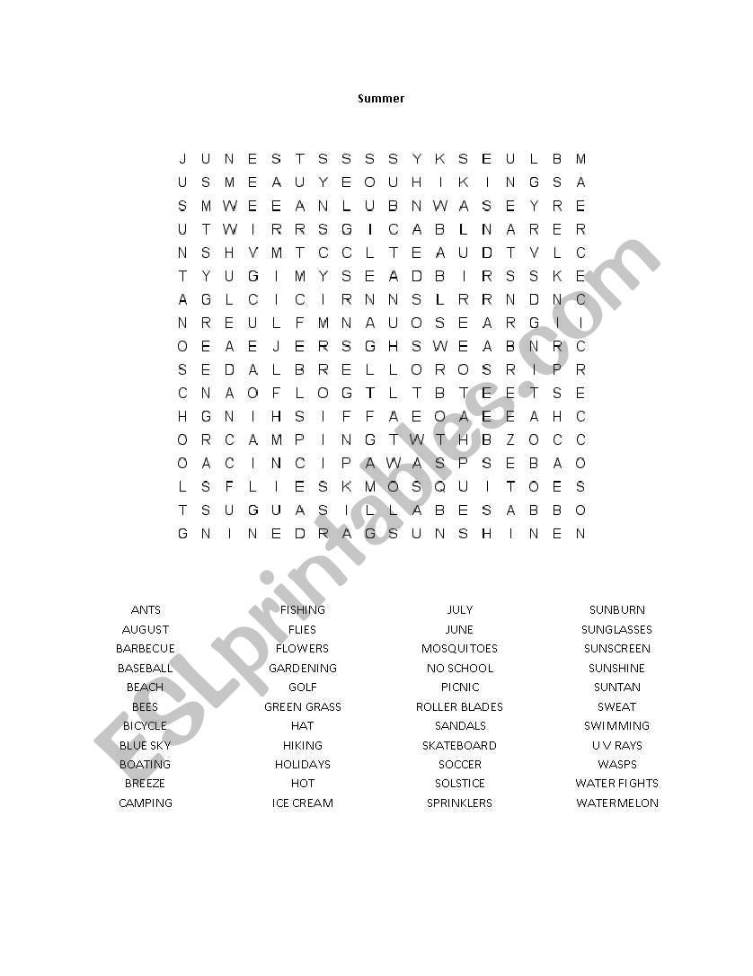 summer words worksheet