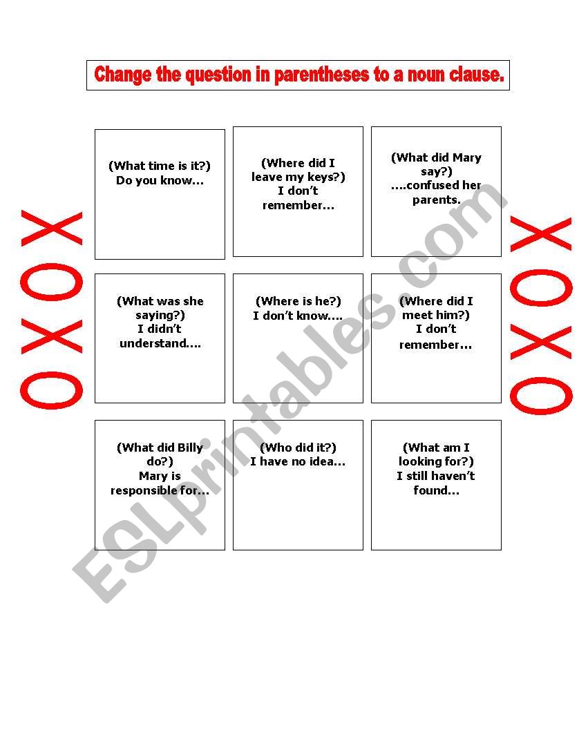 NOUN CLAUSE TIC TAC TOE worksheet