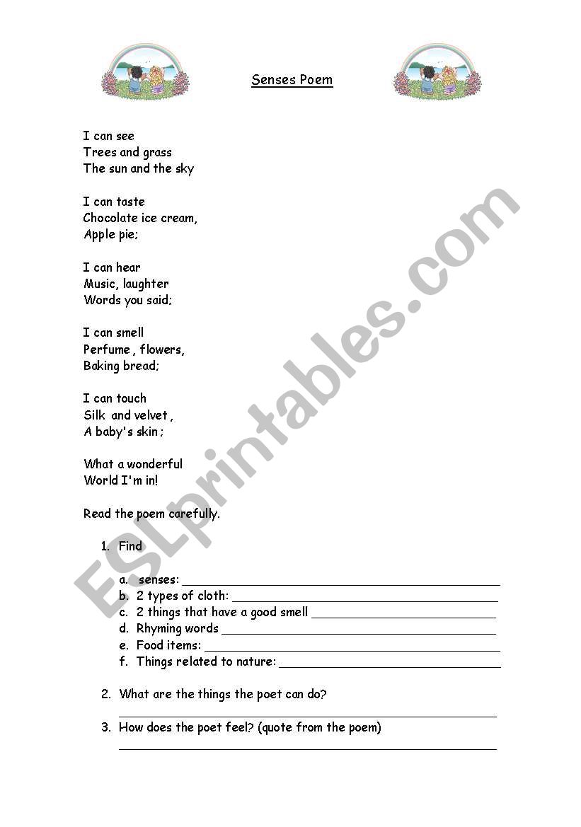 poem: Senses  worksheet