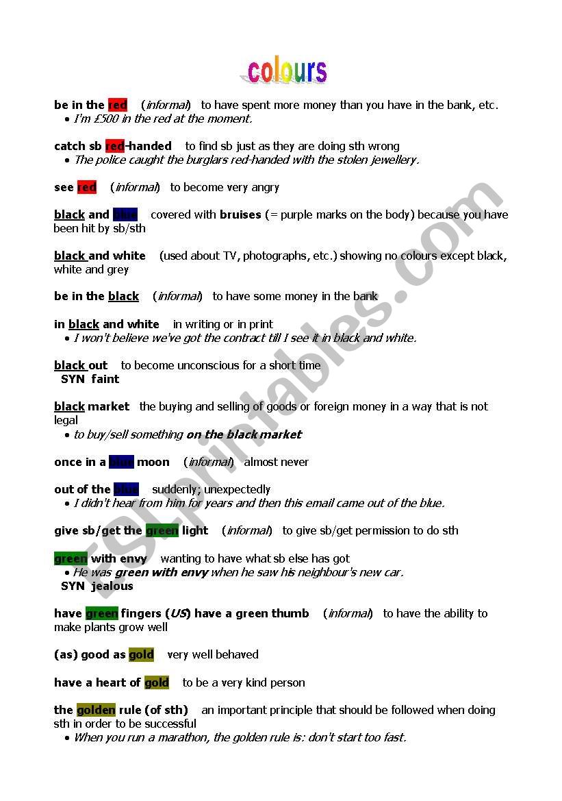 THE COLOURS IDIOMS worksheet