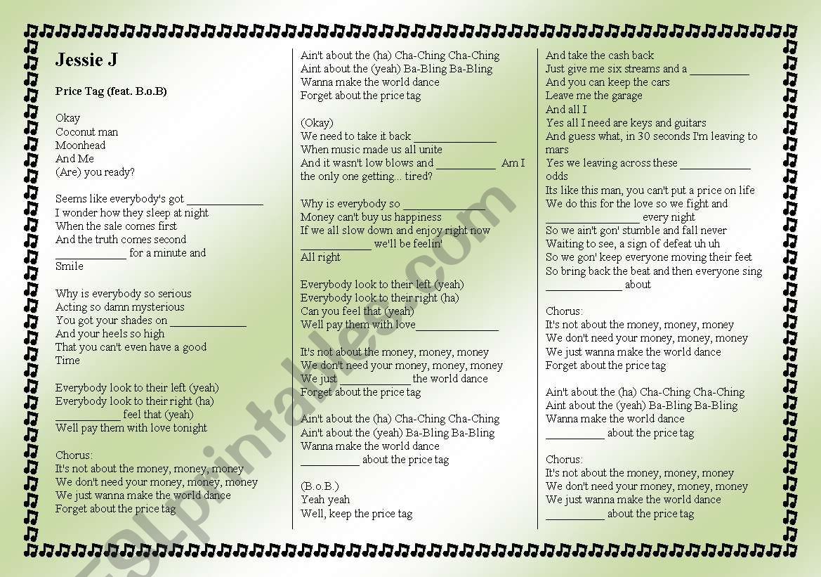 JESSE J - Price Tag worksheet